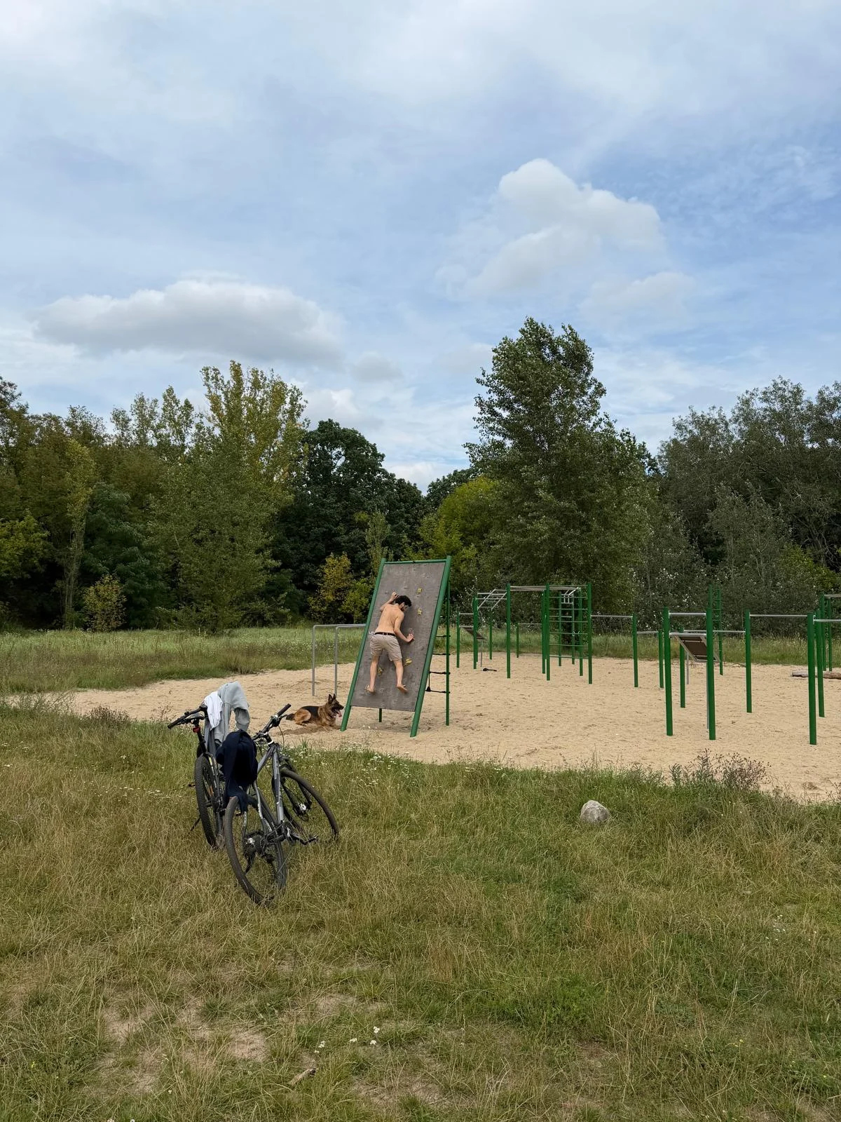 A bicycle beside a grassy outdoor exercise area, with green trees and a cloudy sky.