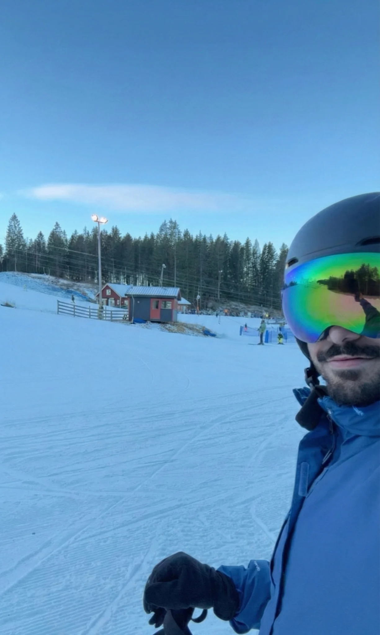 A snow-covered ski slope and pine trees, with a skier in blue and mirrored goggles at the edge of the frame.